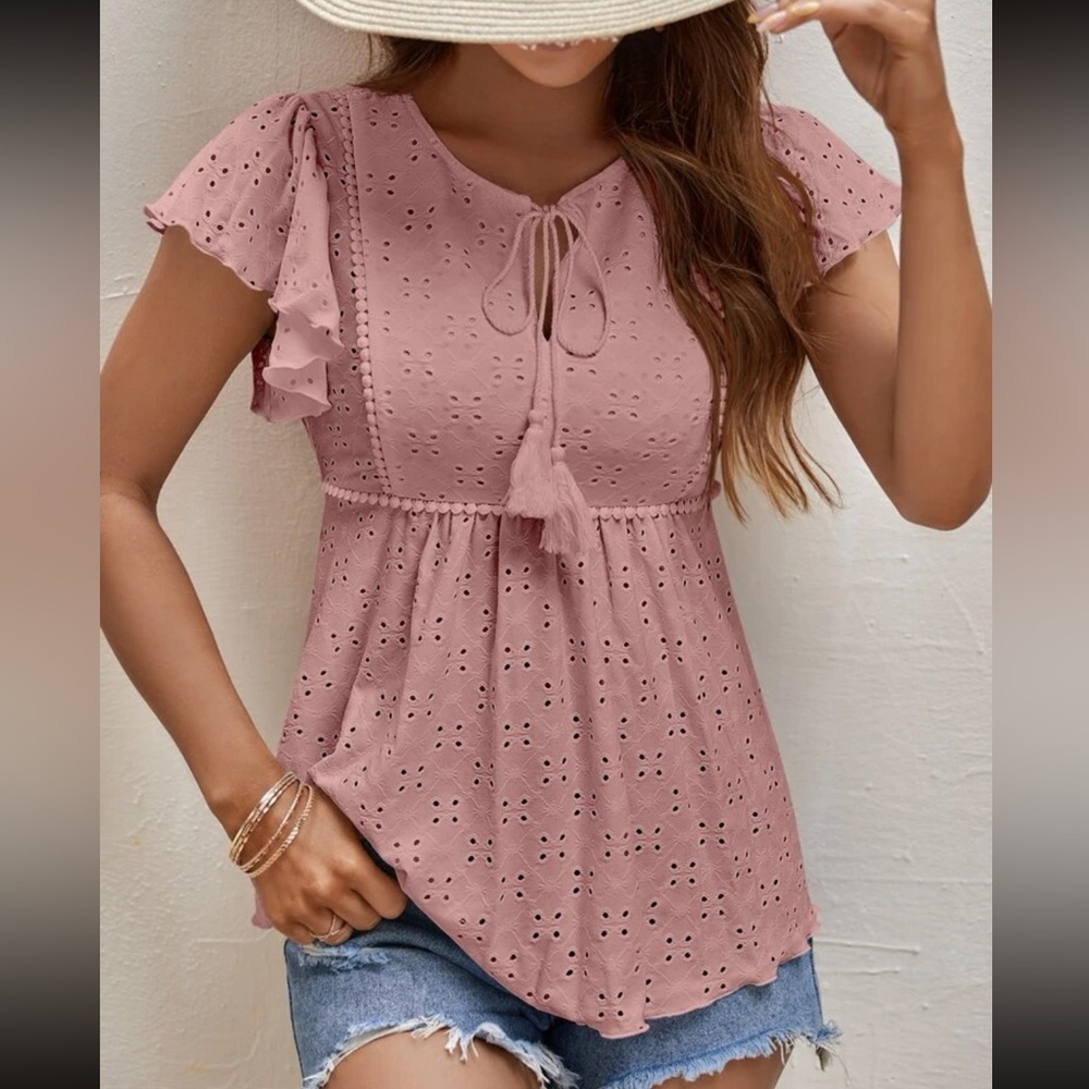 Boho tie neck eyelet embroidery blouse